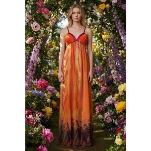 Y2K Marciano Guess 100% Silk Maxi Dress Women's Size S Abstract Butterfly Floral